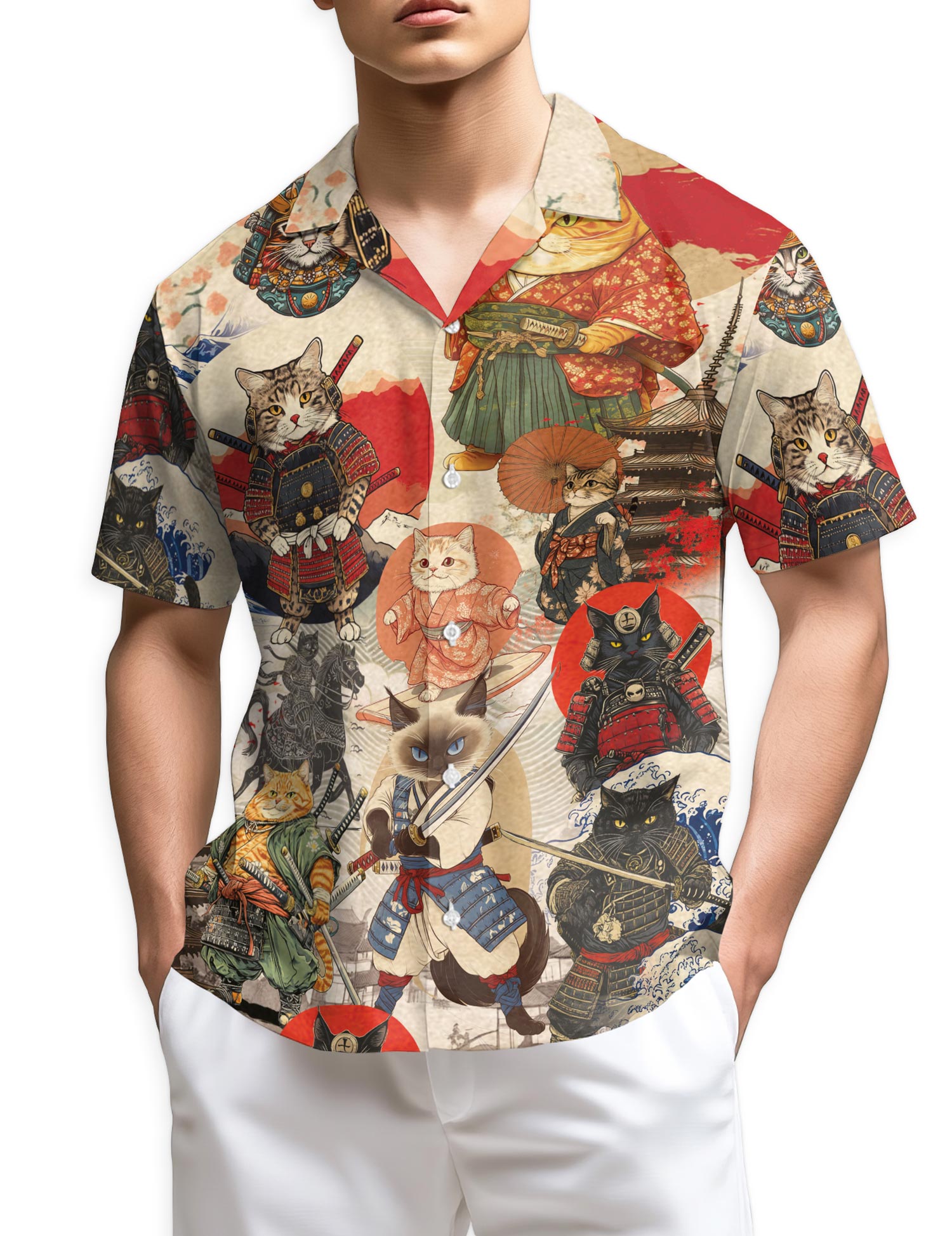 Azhawaiian Japanese Samurai Cat Hawaiian Shirt for Men