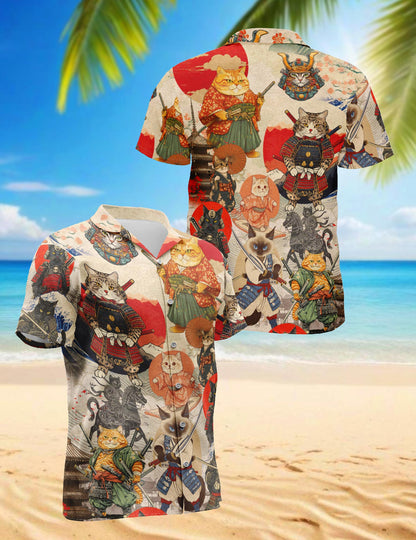 Japanese Samurai Cat Hawaiian Shirt for Men, Button Down Aloha Shirt - Azhawaiian