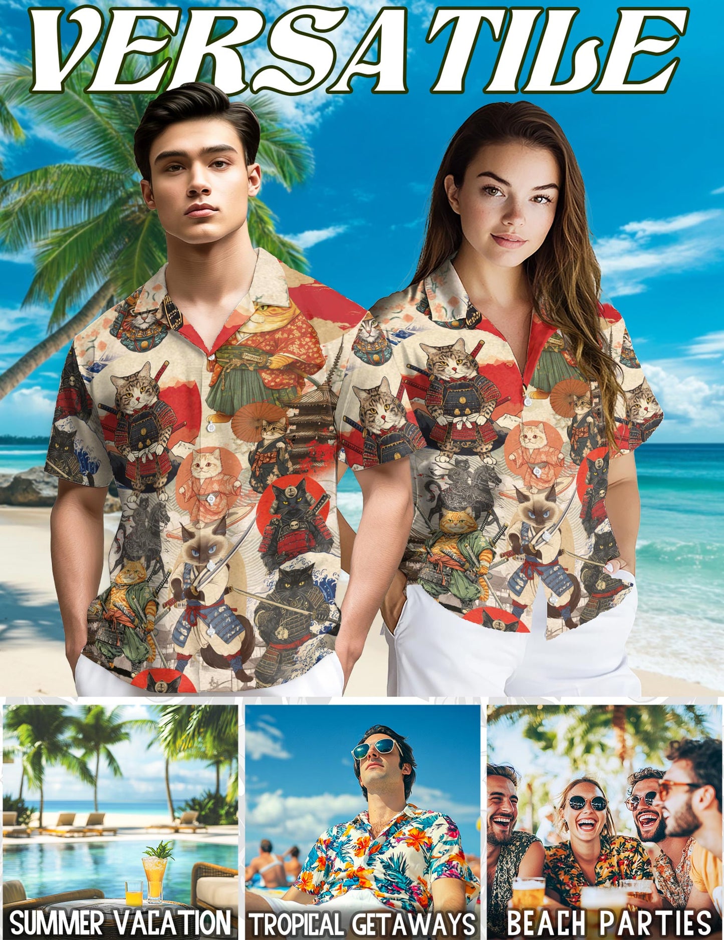 Japanese Samurai Cat Hawaiian Shirt for Men, Button Down Aloha Shirt - Azhawaiian