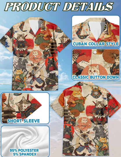 Japanese Samurai Cat Hawaiian Shirt for Men, Button Down Aloha Shirt - Azhawaiian