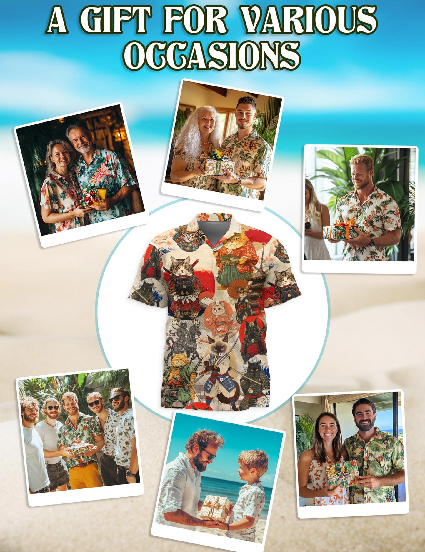 Japanese Samurai Cat Hawaiian Shirt for Men, Button Down Aloha Shirt - Azhawaiian
