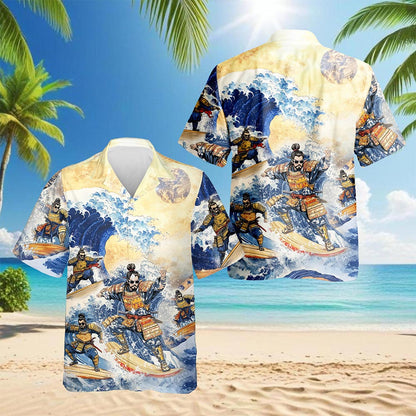 Japanese Samurai Surfing Hawaiian Shirt for Men, Button Down Aloha Shirt - Azhawaiian