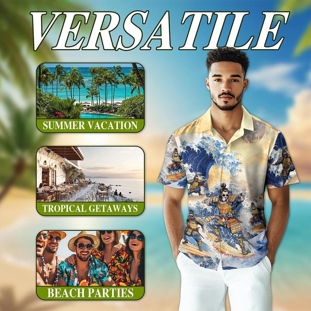 Japanese Samurai Surfing Hawaiian Shirt for Men, Button Down Aloha Shirt - Azhawaiian