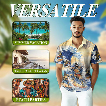Japanese Samurai Surfing Hawaiian Shirt for Men, Button Down Aloha Shirt - Azhawaiian