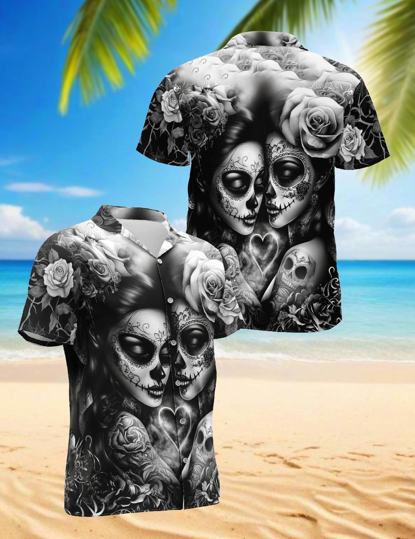 Lesbian Skull Couple Hawaiian Shirt for Men, Button Down Aloha Shirt - Azhawaiian