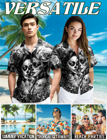 Lesbian Skull Couple Hawaiian Shirt for Men, Button Down Aloha Shirt - Azhawaiian