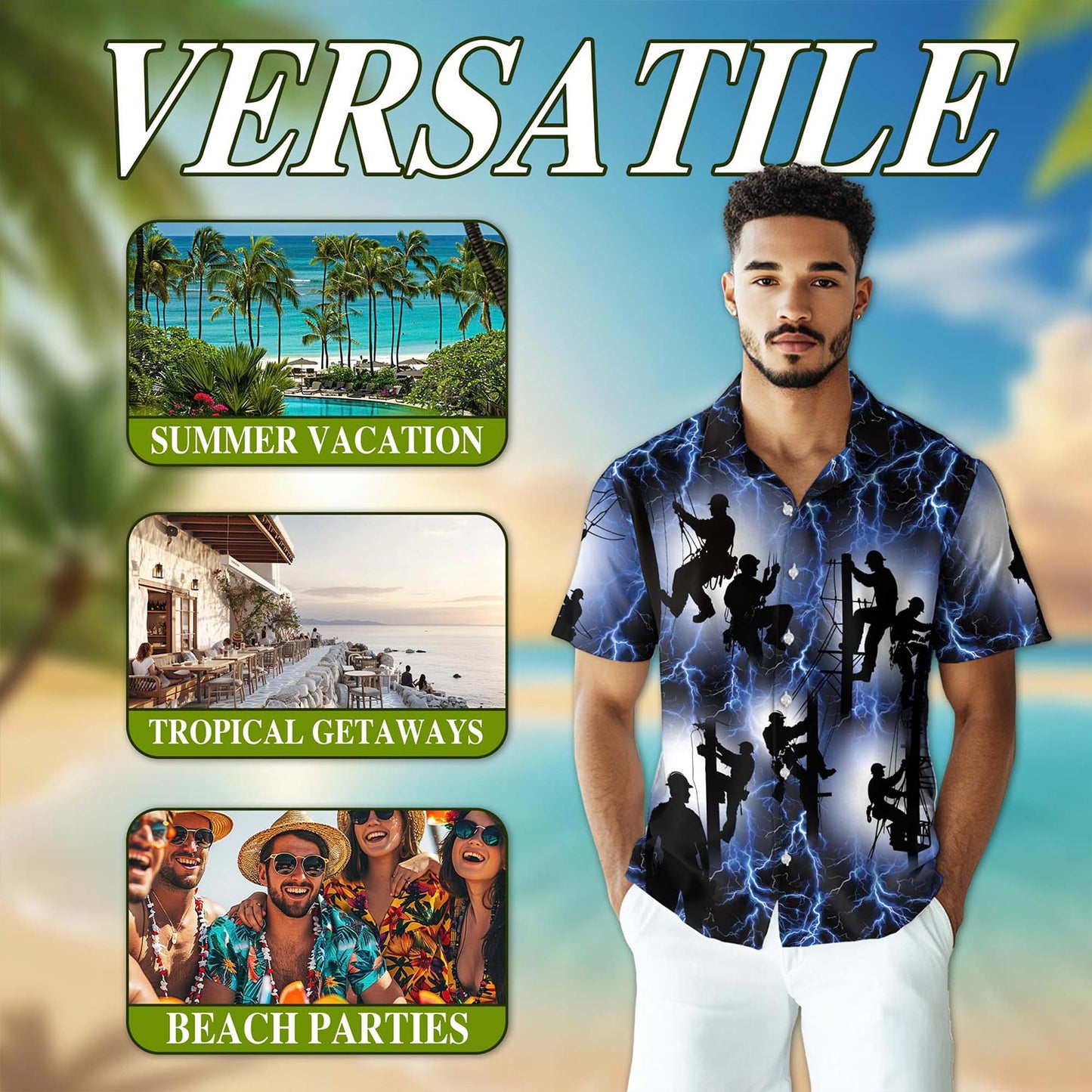 Lineman Lightning Hawaiian Shirt for Men, Button Down Aloha Shirt - Azhawaiian