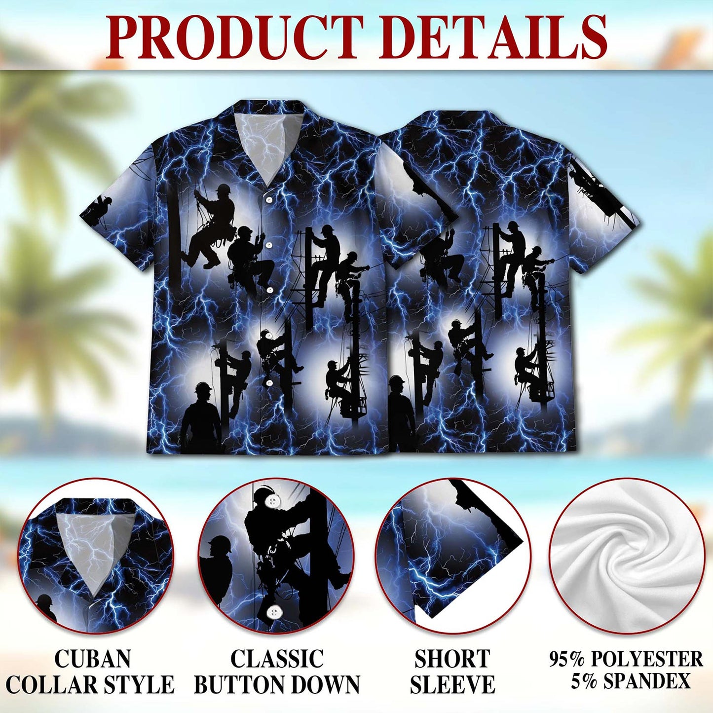 Lineman Lightning Hawaiian Shirt for Men, Button Down Aloha Shirt - Azhawaiian