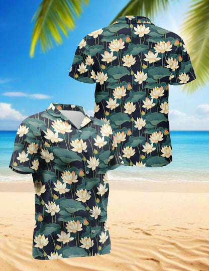 Lotus Pattern Hawaiian Shirt for Men, Button Down Aloha Shirt - Azhawaiian