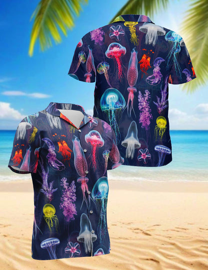 Luminescent Jellyfish Hawaiian Shirt for Men, Button Down Aloha Shirt - Azhawaiian