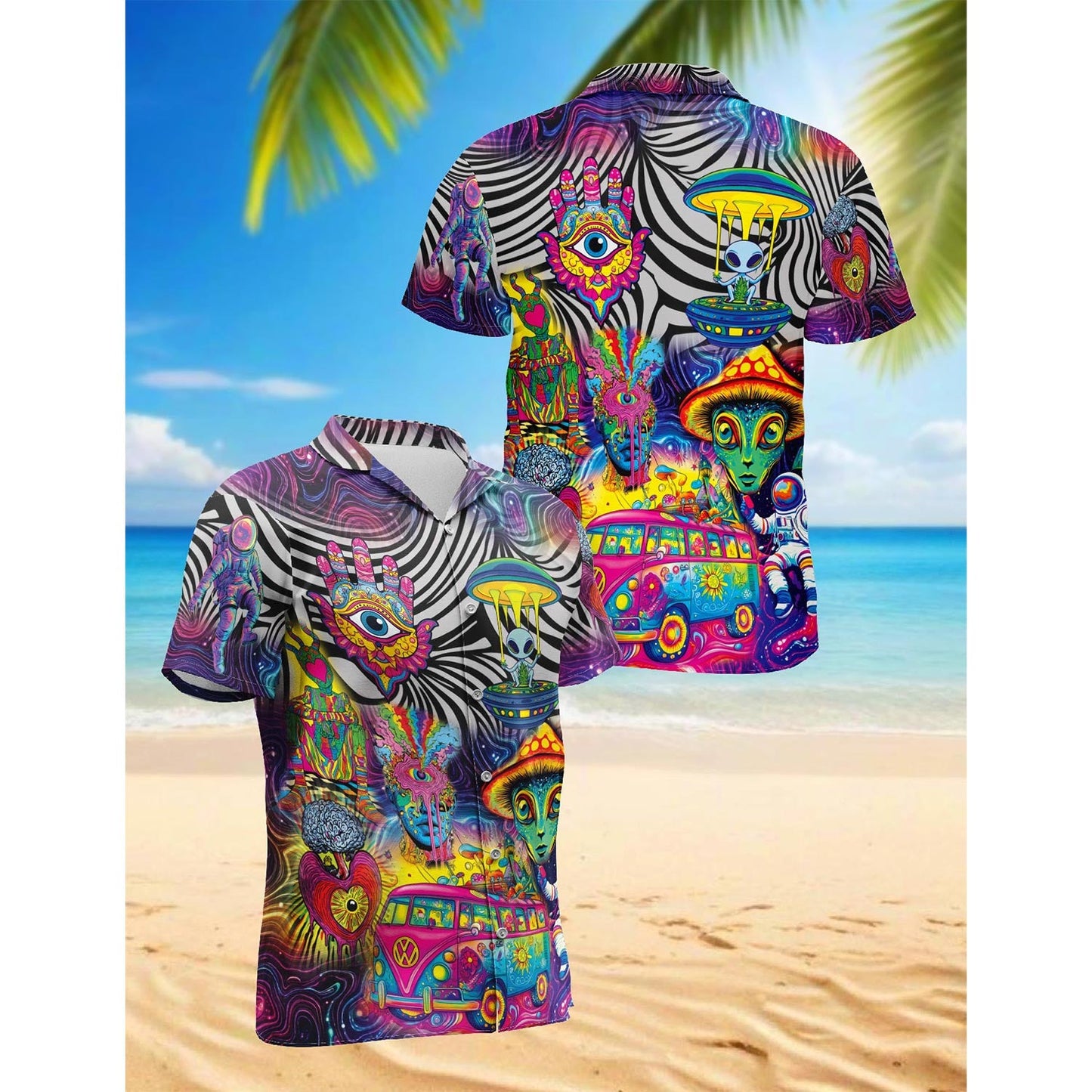 Magic Mushroom Alien Trippy Shroom Hawaiian Shirt for Men, Button Down Aloha Shirt - Azhawaiian