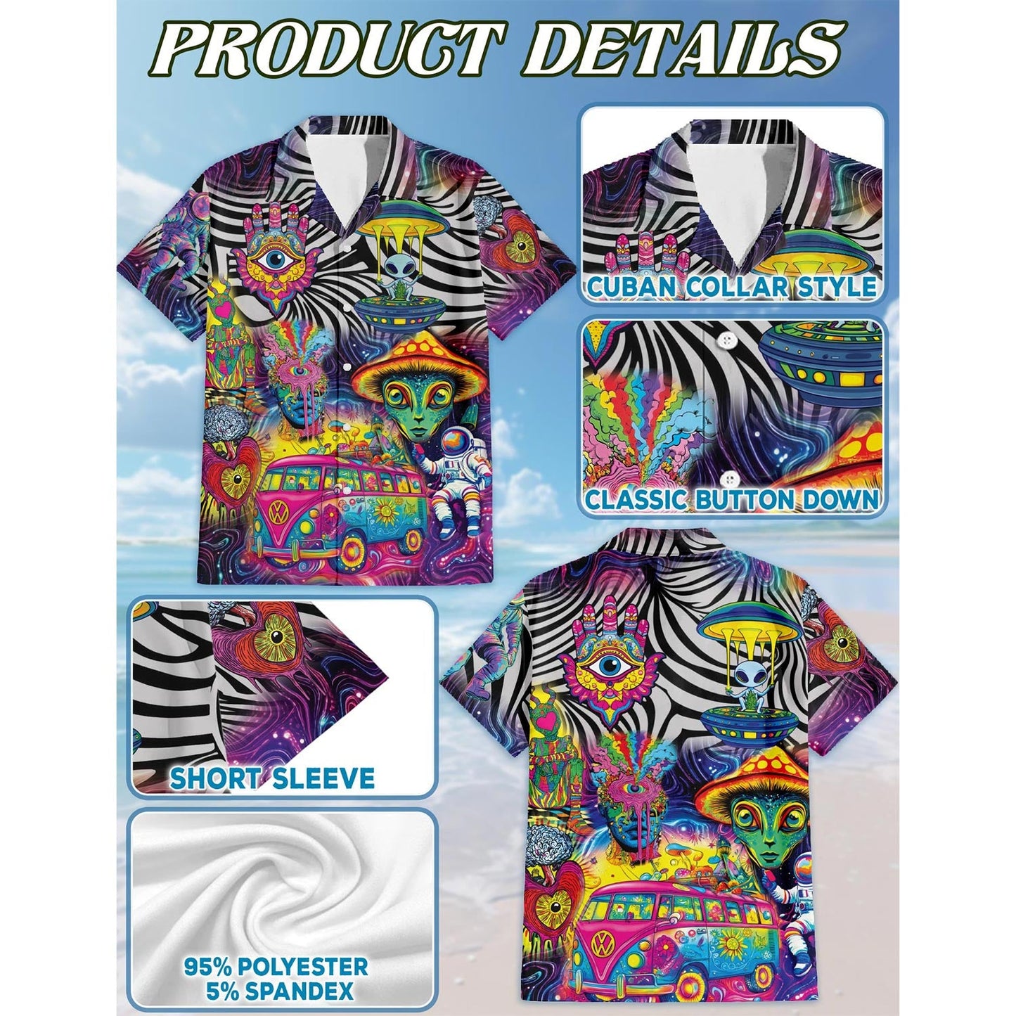 Magic Mushroom Alien Trippy Shroom Hawaiian Shirt for Men, Button Down Aloha Shirt - Azhawaiian