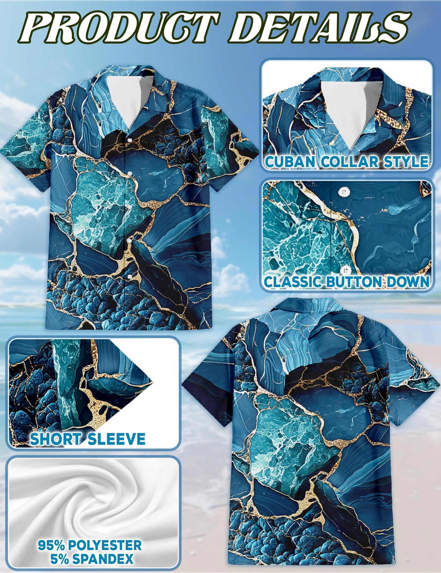 Marble Hawaiian Shirt for Men, Button Down Aloha Shirt - Azhawaiian