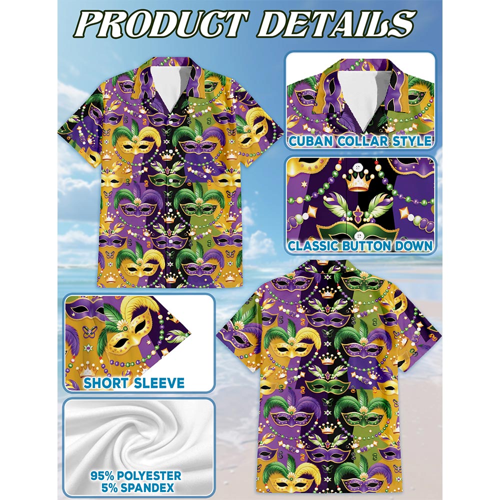 Mardi Gras Mask Hawaiian Shirt for Men, Button Down Aloha Shirt - Azhawaiian