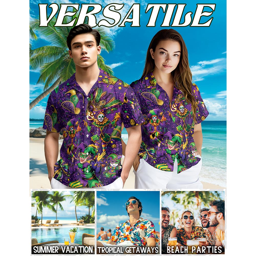 Mardi Gras Party Hawaiian Shirt for Men, Button Down Aloha Shirt - Azhawaiian