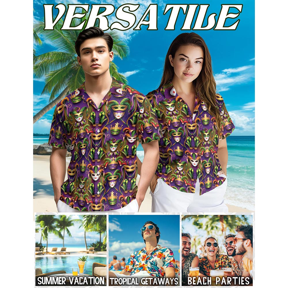 Mardi Gras Party Hawaiian Shirt for Men, Button Down Aloha Shirt - Azhawaiian