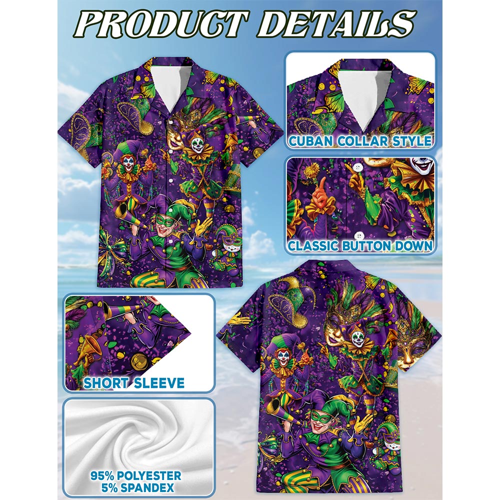 Mardi Gras Party Hawaiian Shirt for Men, Button Down Aloha Shirt - Azhawaiian
