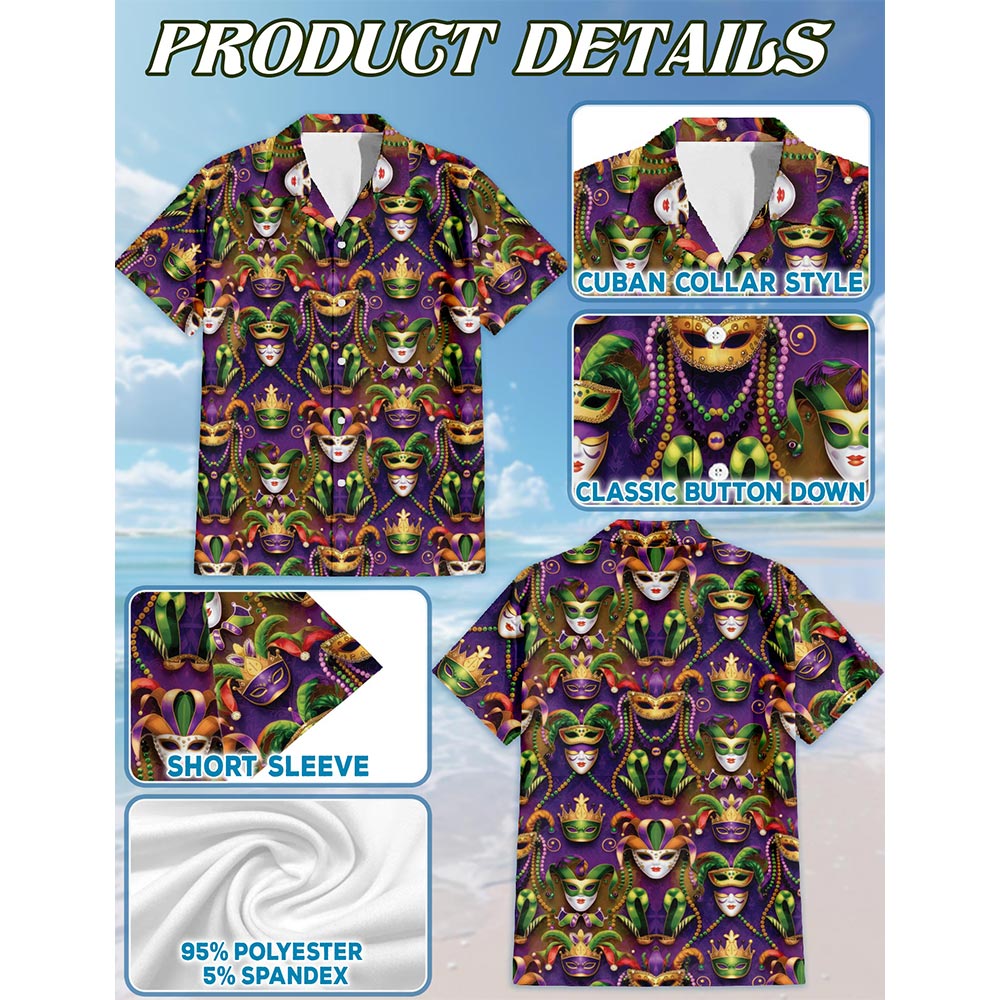 Mardi Gras Party Hawaiian Shirt for Men, Button Down Aloha Shirt - Azhawaiian