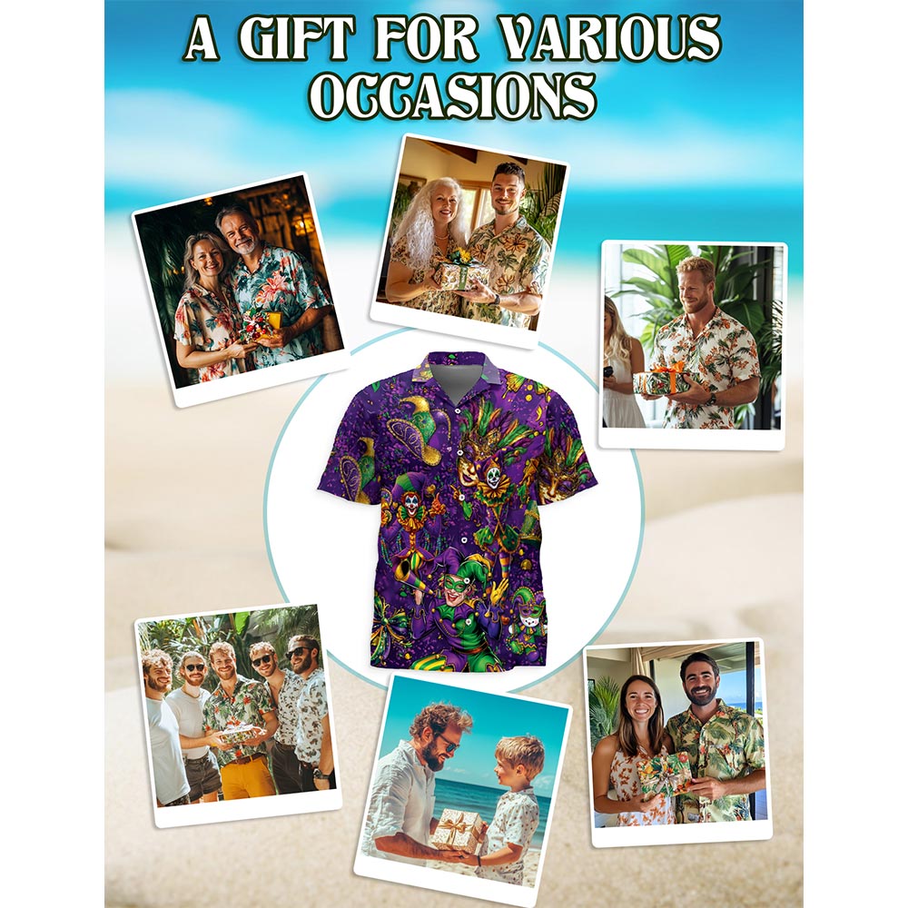 Mardi Gras Party Hawaiian Shirt for Men, Button Down Aloha Shirt - Azhawaiian