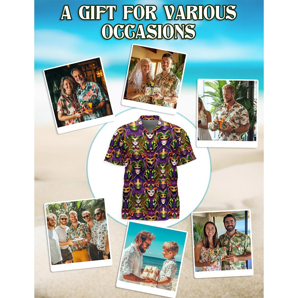 Mardi Gras Party Hawaiian Shirt for Men, Button Down Aloha Shirt - Azhawaiian