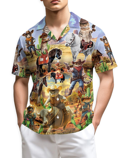 Meowdy Cowboy Cat Hawaiian Shirt for Men, Button Down Aloha Shirt - Azhawaiian