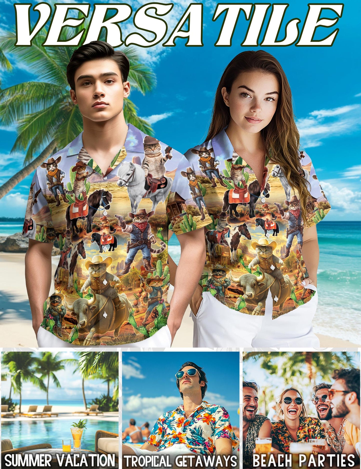 Meowdy Cowboy Cat Hawaiian Shirt for Men, Button Down Aloha Shirt - Azhawaiian
