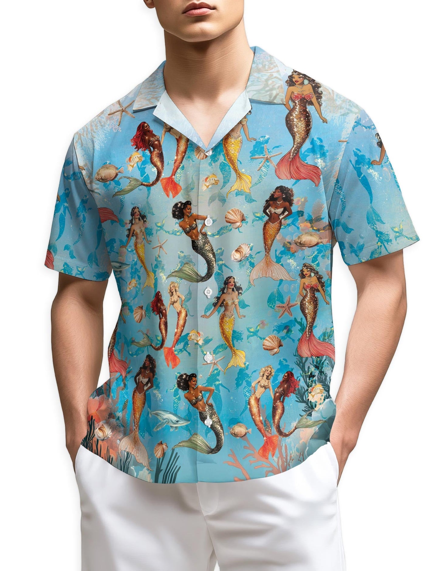 Azhawaiian Mermaid Coral Reef Hawaiian Shirt for Men