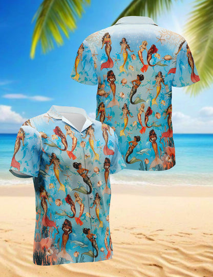 Mermaid Coral Reef Hawaiian Shirt for Men, Button Down Aloha Shirt - Azhawaiian