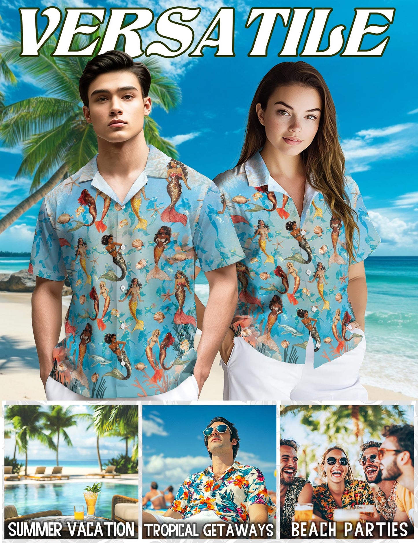 Mermaid Coral Reef Hawaiian Shirt for Men, Button Down Aloha Shirt - Azhawaiian