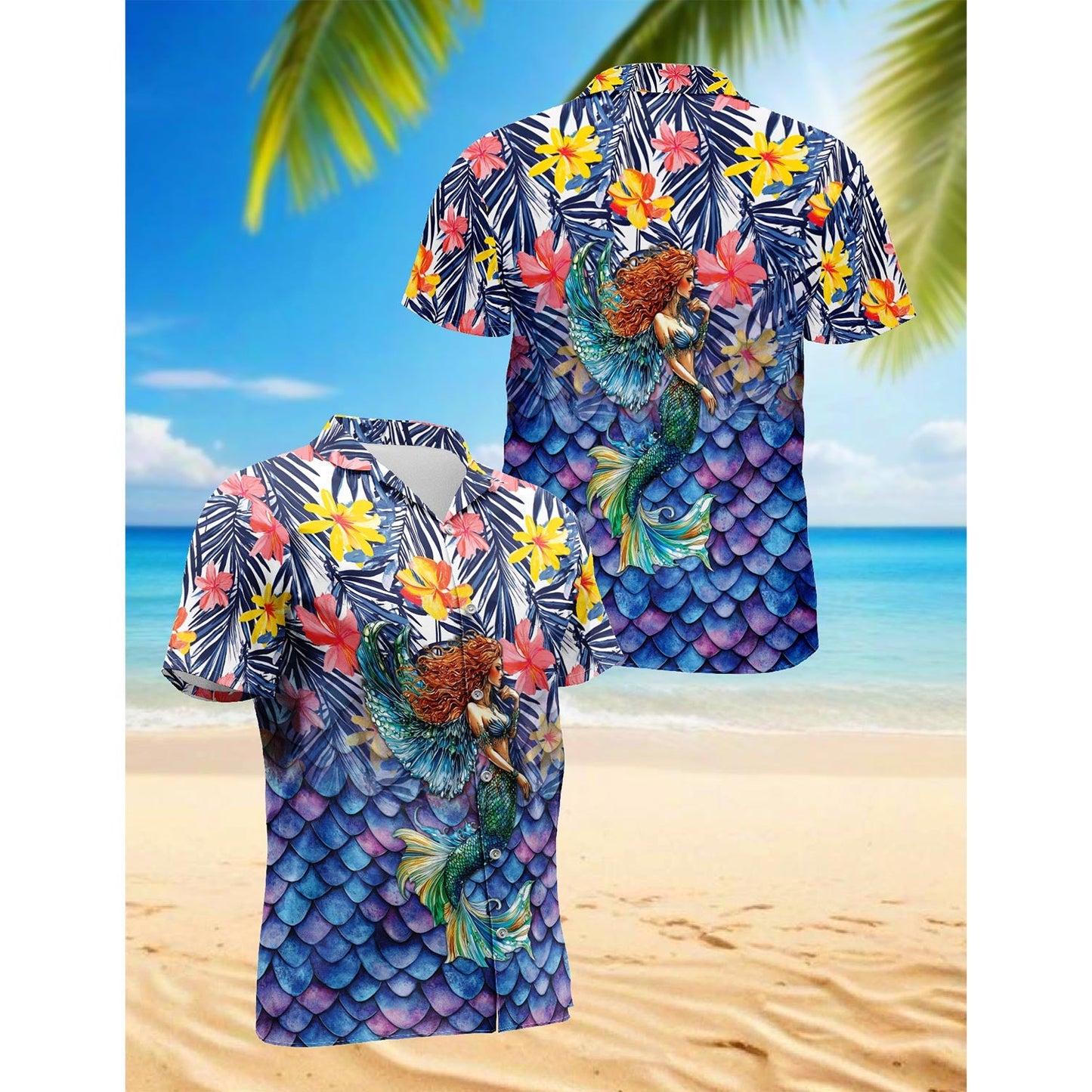 Mermaid Tropical Hawaiian Shirt for Men, Button Down Aloha Shirt - Azhawaiian