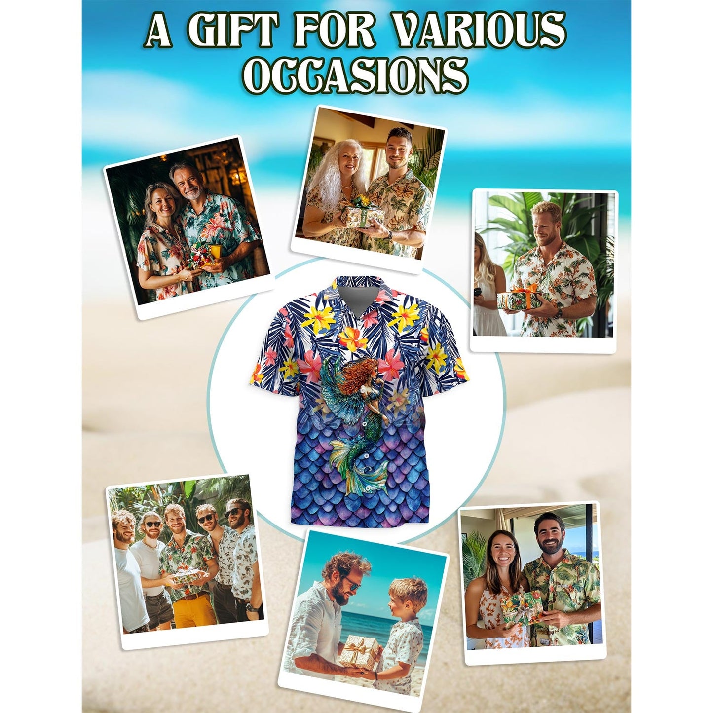 Mermaid Tropical Hawaiian Shirt for Men, Button Down Aloha Shirt - Azhawaiian