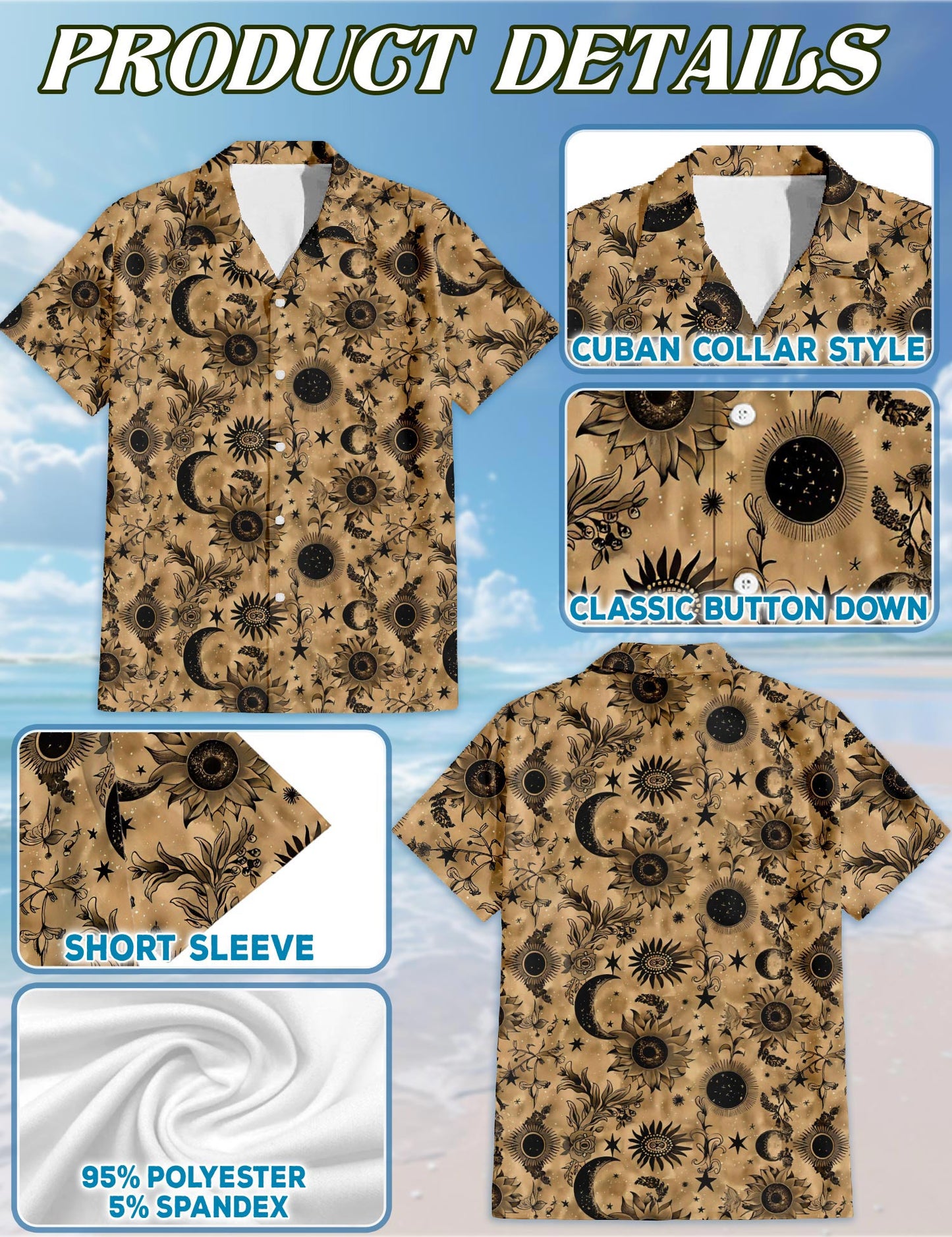 Moon Pattern Hawaiian Shirt for Men, Button Down Aloha Shirt - Azhawaiian