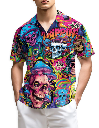 Mushroom Skull Trippy Hawaiian Shirt for Men, Button Down Aloha Shirt - Azhawaiian
