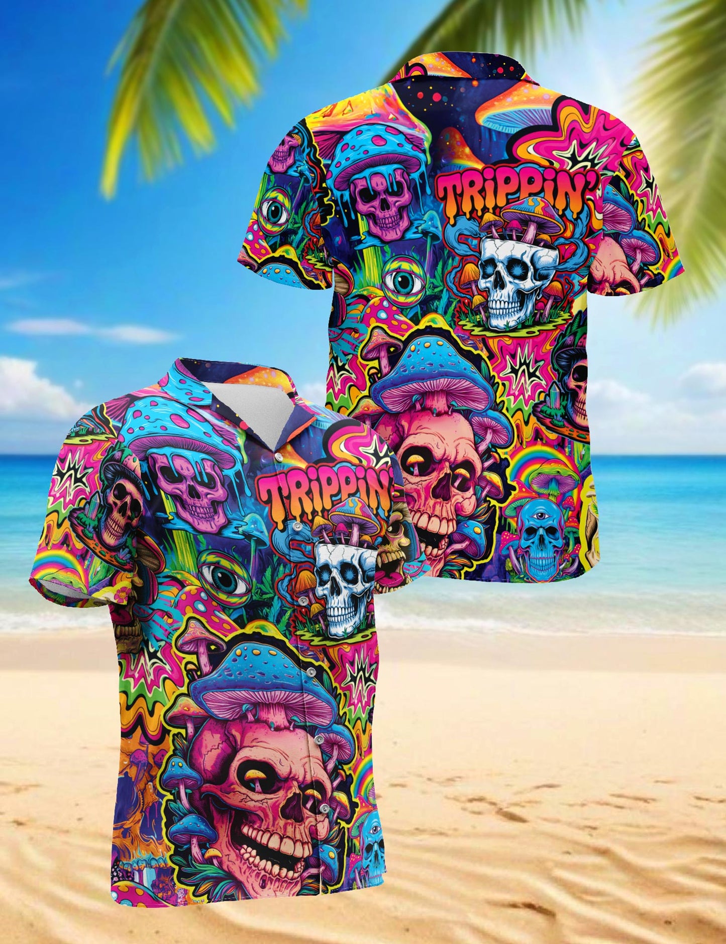 Mushroom Skull Trippy Hawaiian Shirt for Men, Button Down Aloha Shirt - Azhawaiian