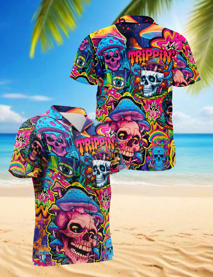 Mushroom Skull Trippy Hawaiian Shirt for Men, Button Down Aloha Shirt - Azhawaiian