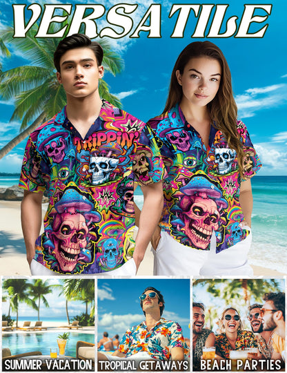 Mushroom Skull Trippy Hawaiian Shirt for Men, Button Down Aloha Shirt - Azhawaiian
