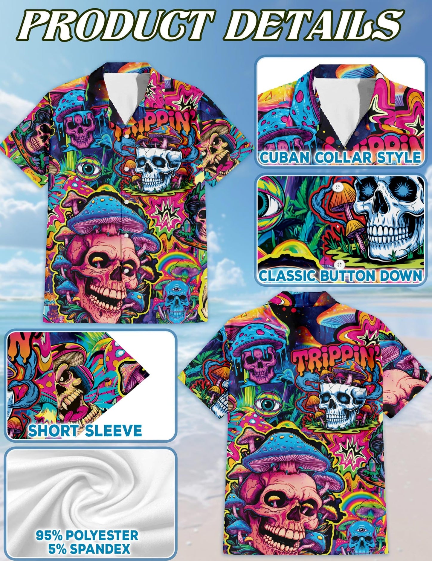 Mushroom Skull Trippy Hawaiian Shirt for Men, Button Down Aloha Shirt - Azhawaiian