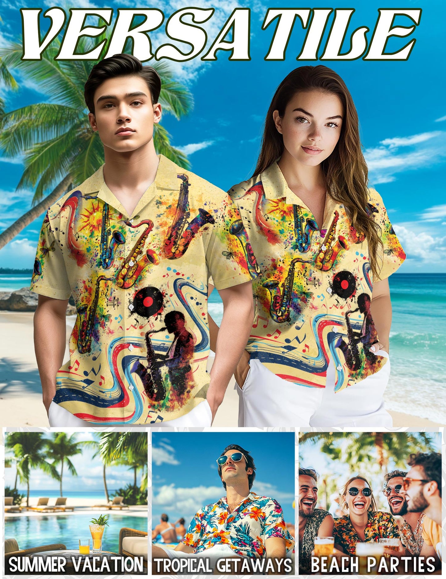 Saxophone Hawaiian Shirt for Men, Music Button Down Aloha Shirt - Azhawaiian