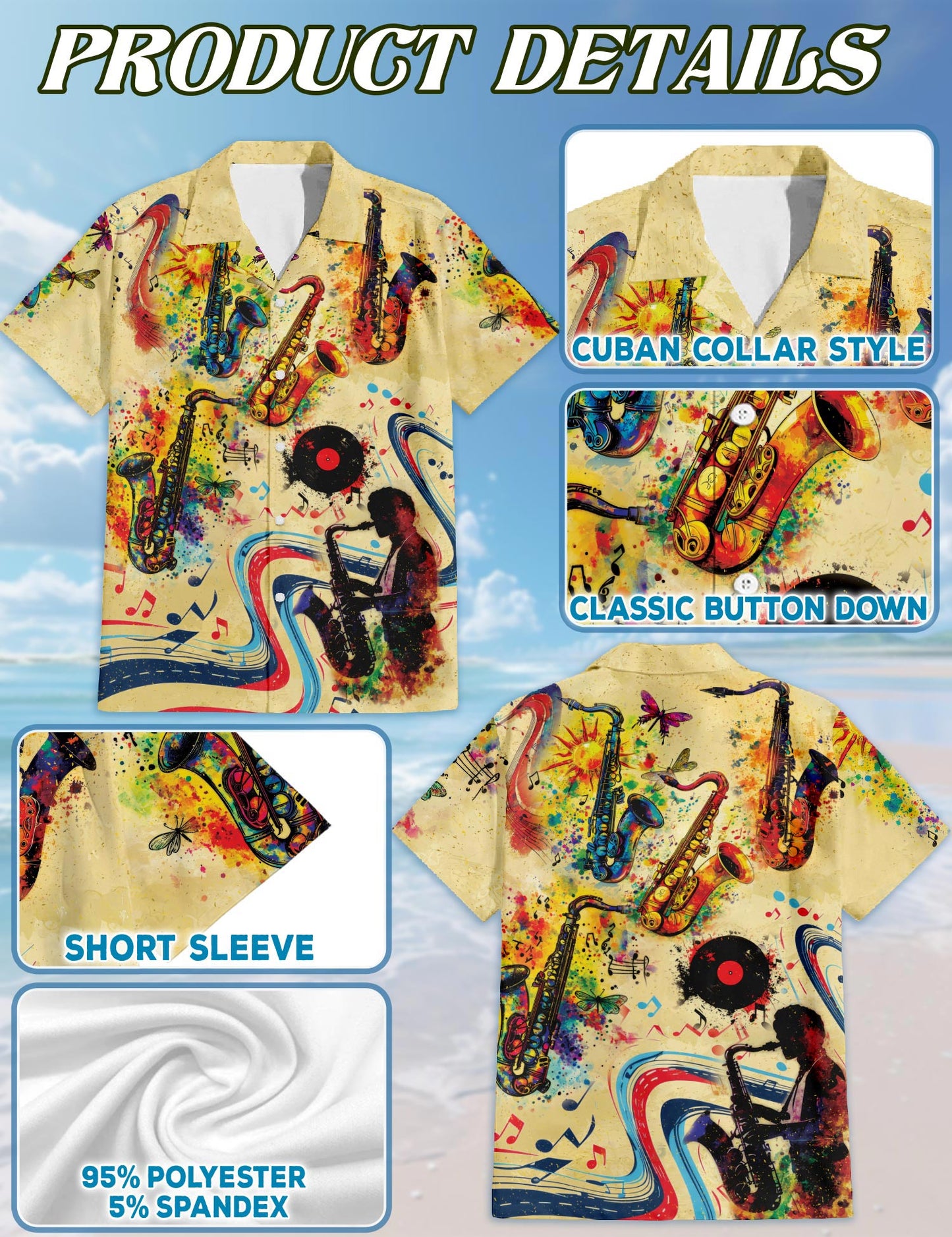 Saxophone Hawaiian Shirt for Men, Music Button Down Aloha Shirt - Azhawaiian