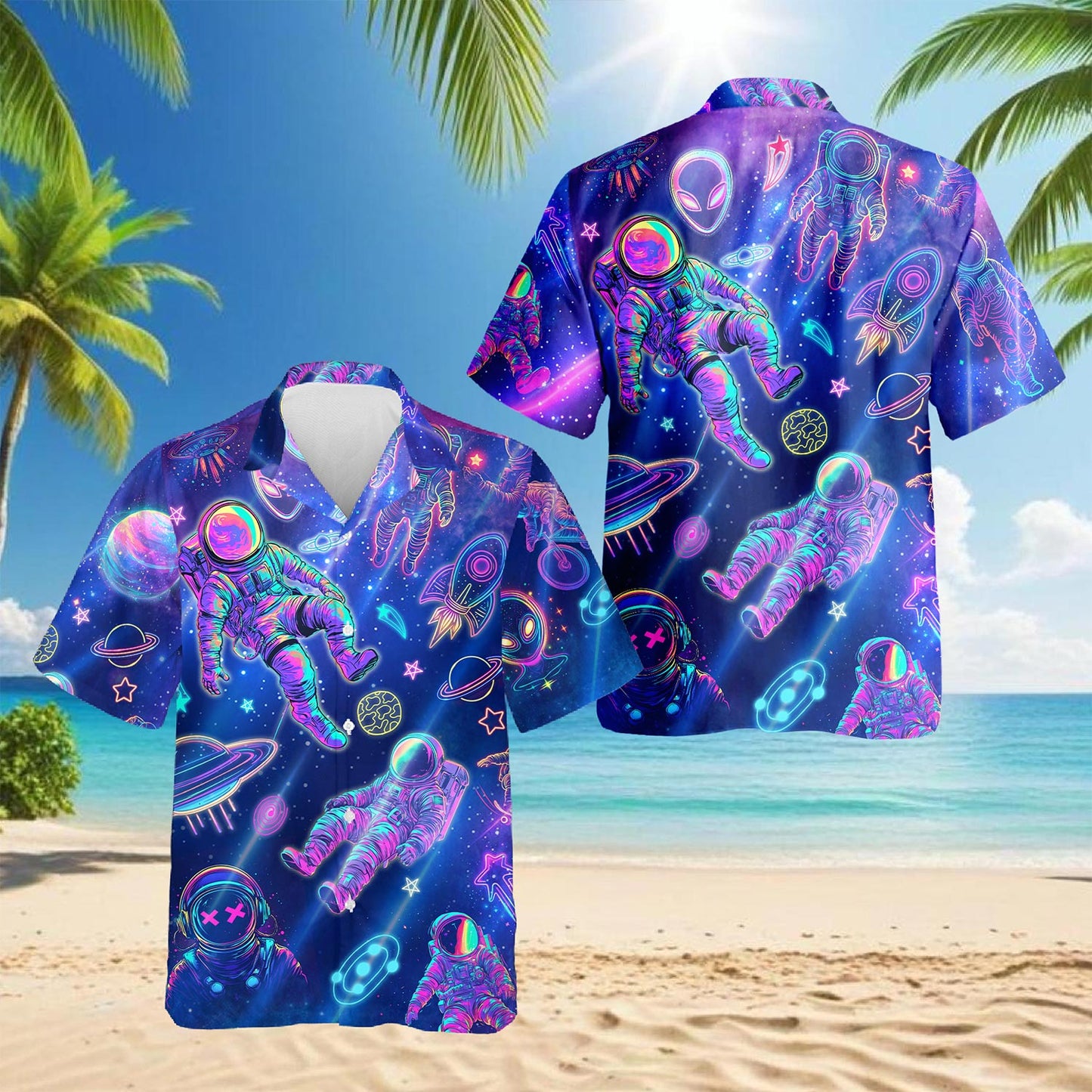 Neon Astronauts Planets Hawaiian Shirt for Men, Button Down Aloha Shirt - Azhawaiian