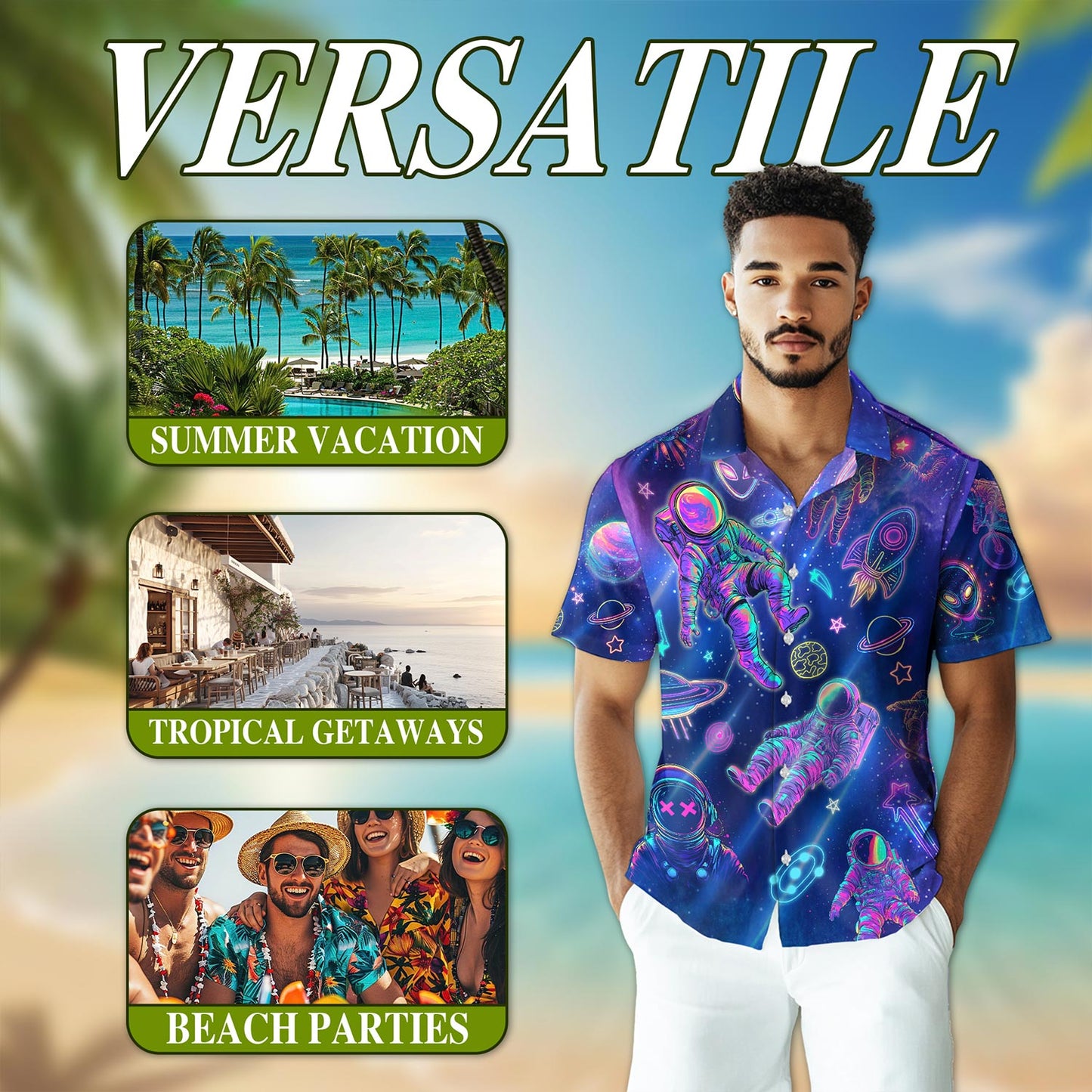 Neon Astronauts Planets Hawaiian Shirt for Men, Button Down Aloha Shirt - Azhawaiian