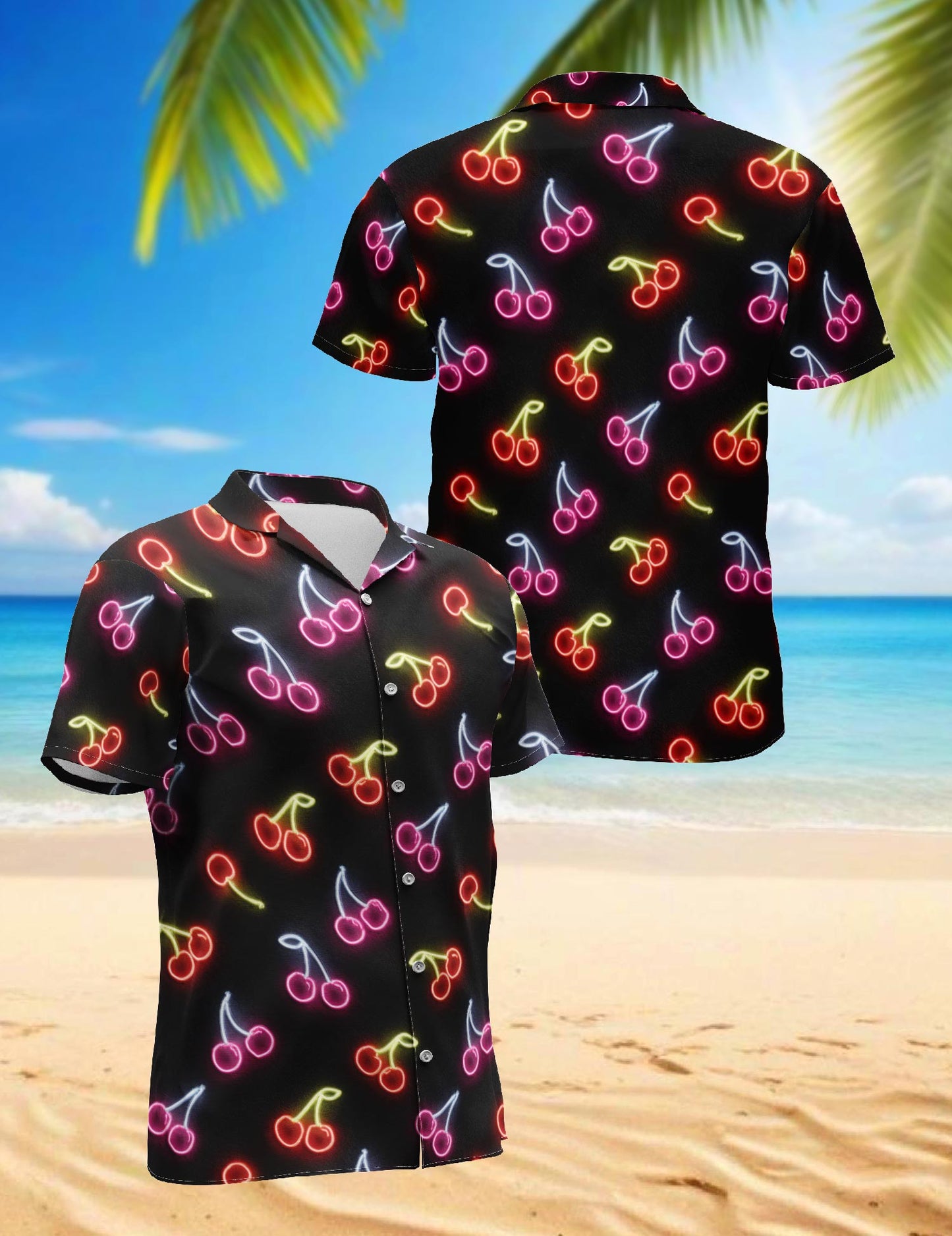 Neon Cherry Hawaiian Shirt for Men, Button Down Aloha Shirt - Azhawaiian