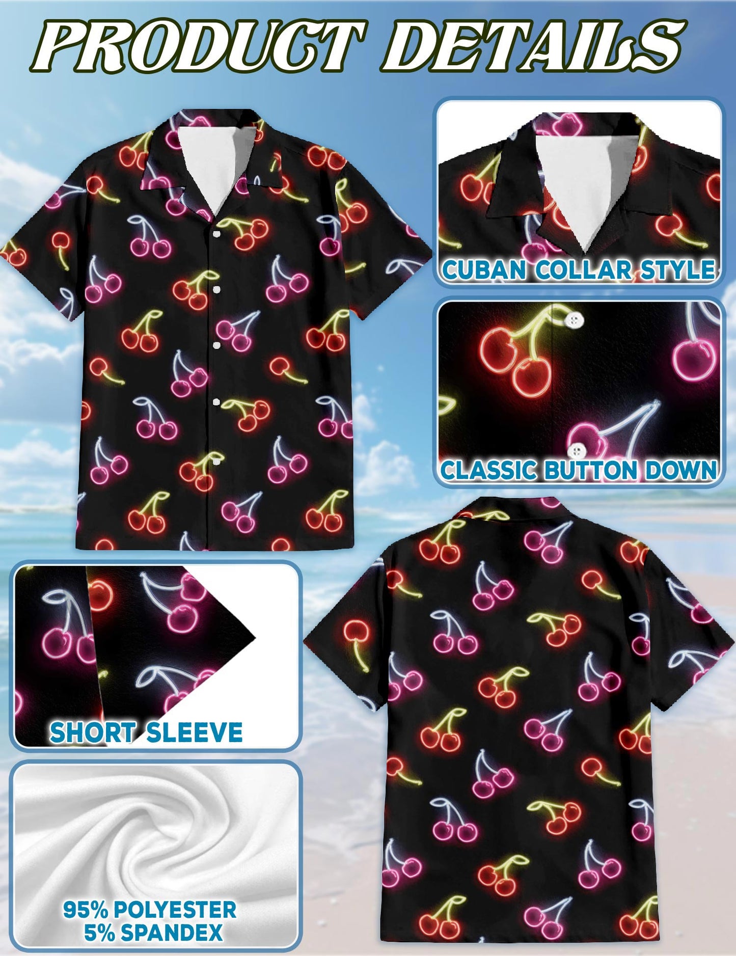 Neon Cherry Hawaiian Shirt for Men, Button Down Aloha Shirt - Azhawaiian