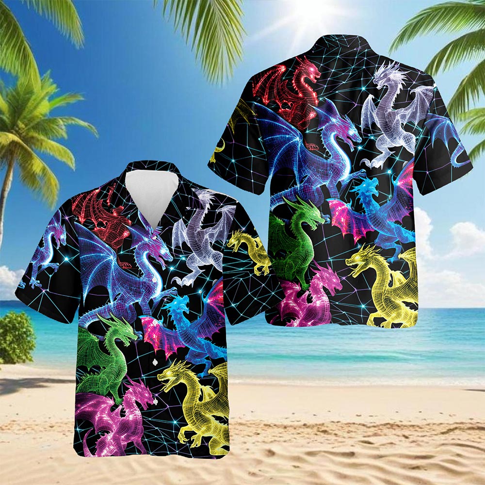 Neon Dragon Hawaiian Shirt for Men, Button Down Aloha Shirt - Azhawaiian