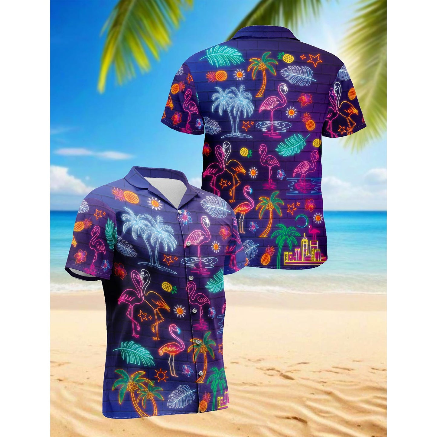 Neon Flamingo Hawaiian Shirt for Men, Button Down Aloha Shirt - Azhawaiian