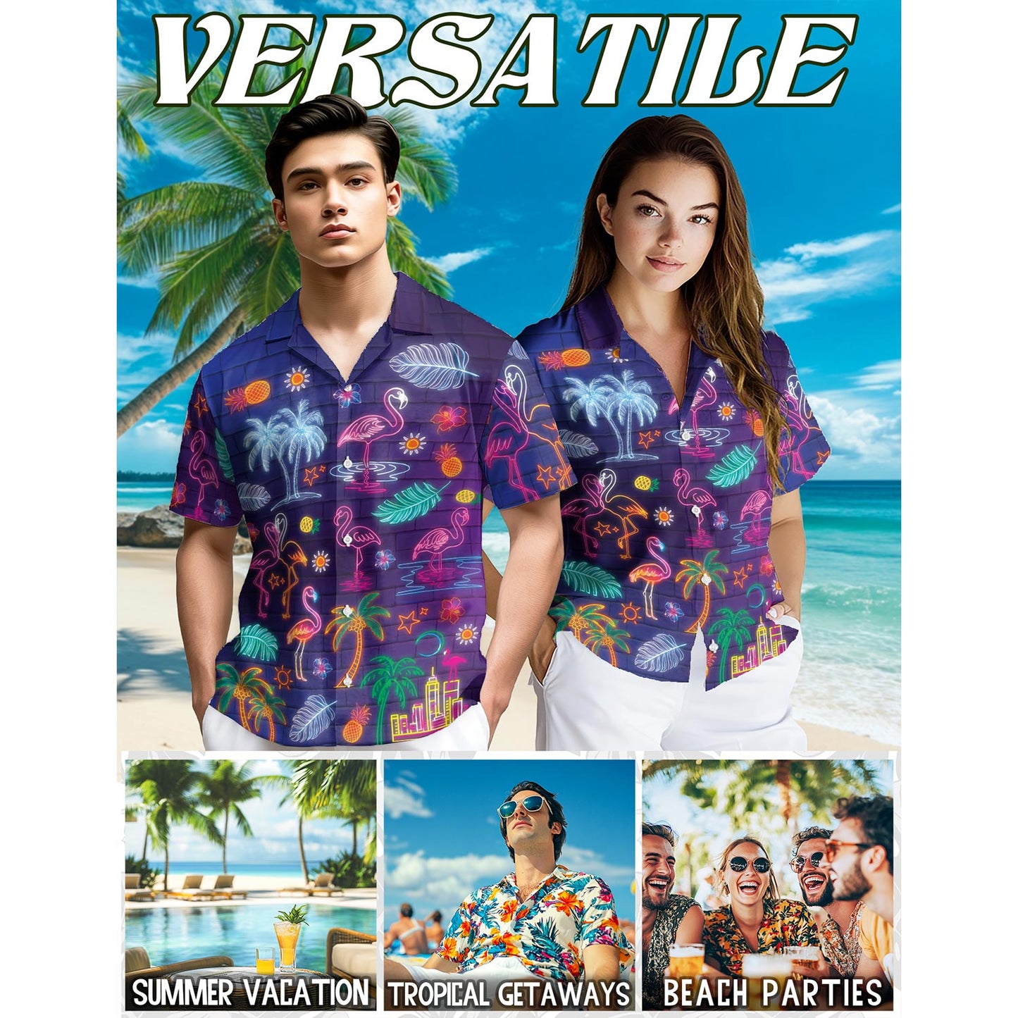 Neon Flamingo Hawaiian Shirt for Men, Button Down Aloha Shirt - Azhawaiian