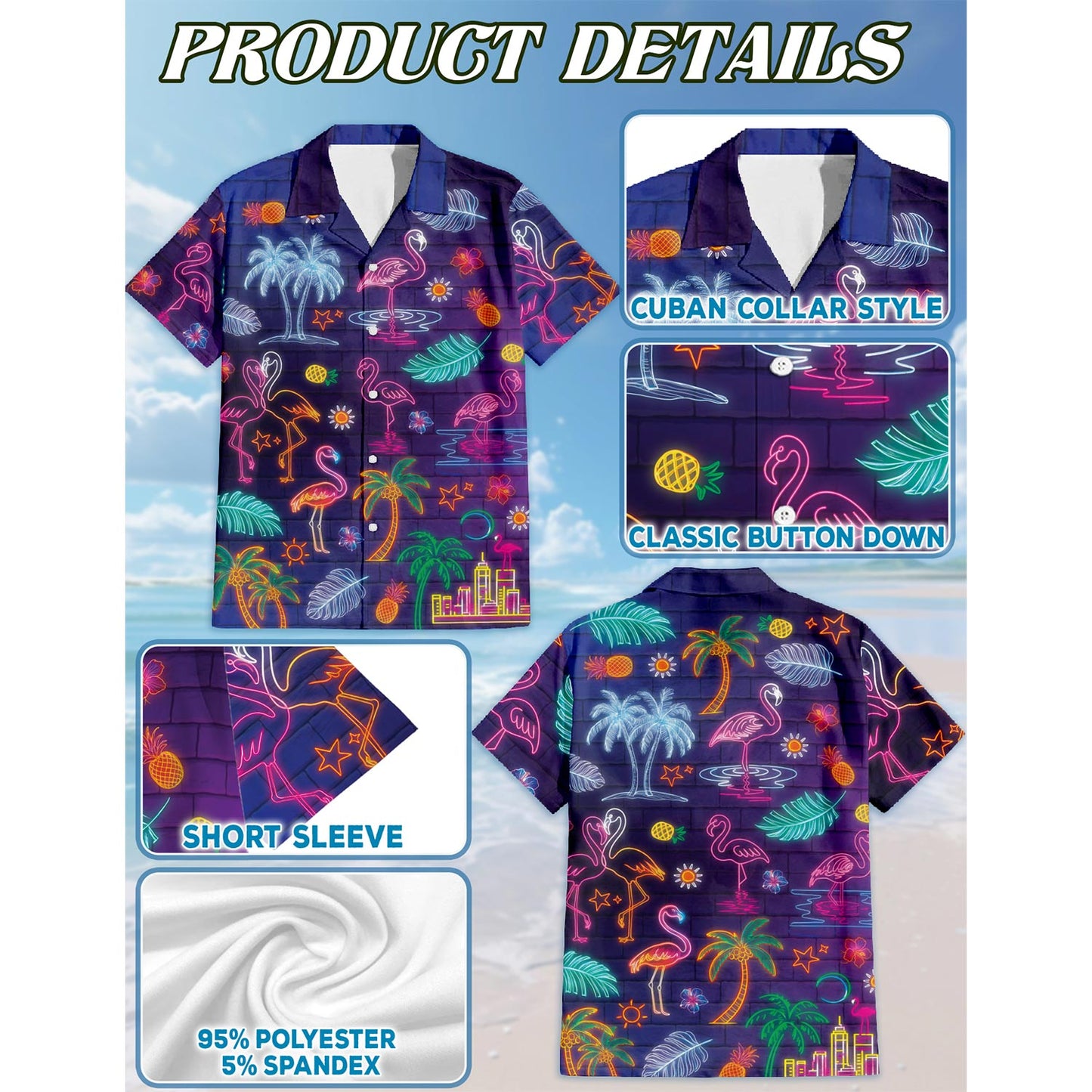 Neon Flamingo Hawaiian Shirt for Men, Button Down Aloha Shirt - Azhawaiian