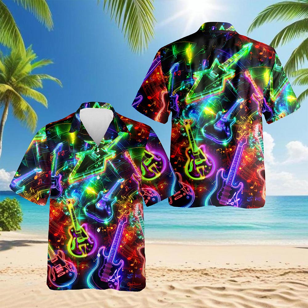 Neon Guitar Hawaiian Shirt for Men, Button Down Aloha Shirt - Azhawaiian