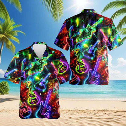 Neon Guitar Hawaiian Shirt for Men, Button Down Aloha Shirt - Azhawaiian
