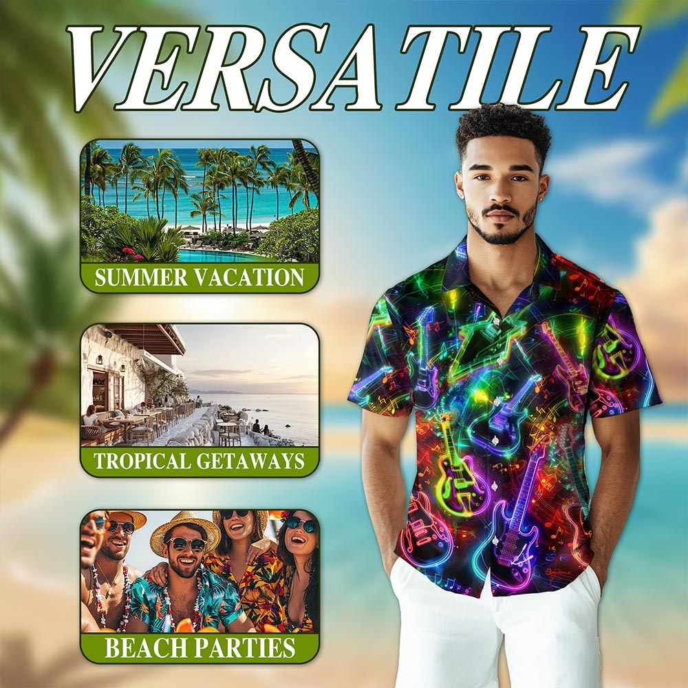 Neon Guitar Hawaiian Shirt for Men, Button Down Aloha Shirt - Azhawaiian